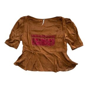Free People Brown Blouse with Red Embroidery Detail XS